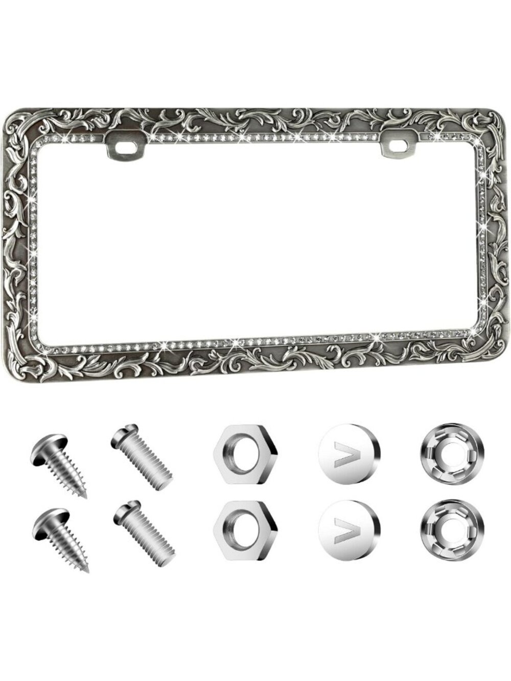 Antique Metal License Plate Frame with Bling Crystal Rhinestones - Universal Fit
